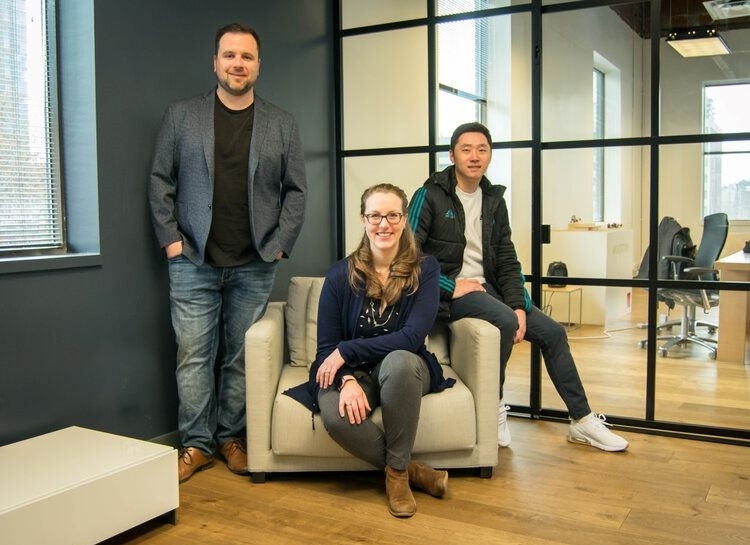 PayShepherd's co-founders, Wesley Sessenwein, Jenn Hunter, and Johan Lee, posing in an office setting