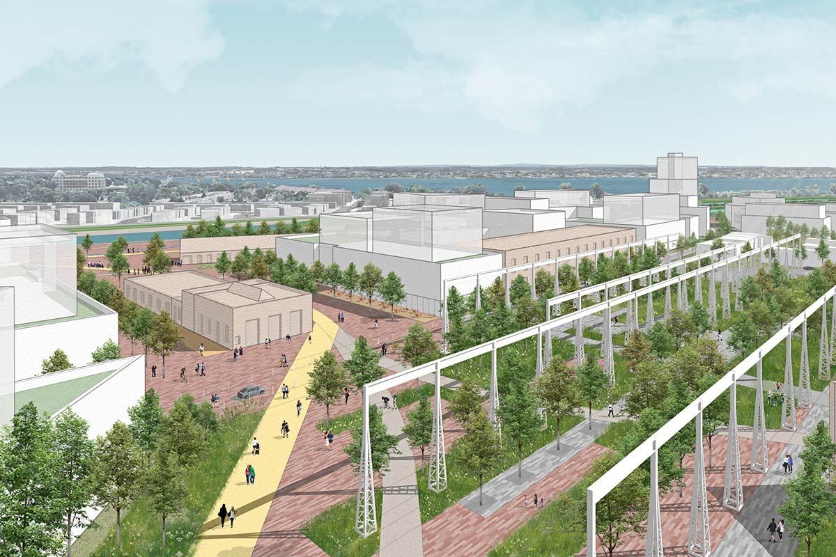 An architectural rendering of the Eco-quartier Lachine-Est project, showing a mixed-use development with tree-lined pathways, green spaces, and modern buildings, set against the backdrop of a water body and a clear sky.