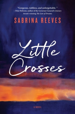 Sabrina Reeves's novel "Little Crosses" with a dark blue and orange background.