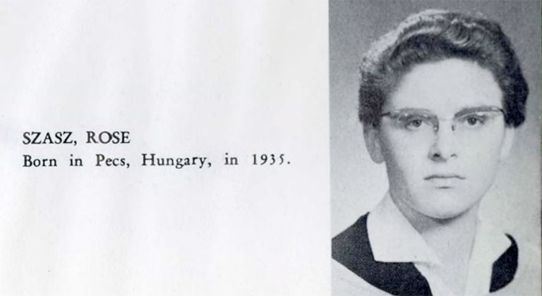 A photograph of a page from the 1962 Sir George Williams yearbook that shows Rose Szasz grad portrait. Beside the portrait it says: "Szasz, Rose Born in Pecs Hungary in 1939"