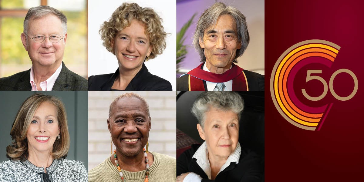 Six honorees of the Order of Canada, featuring their headshots with a "50" emblem in the corner.