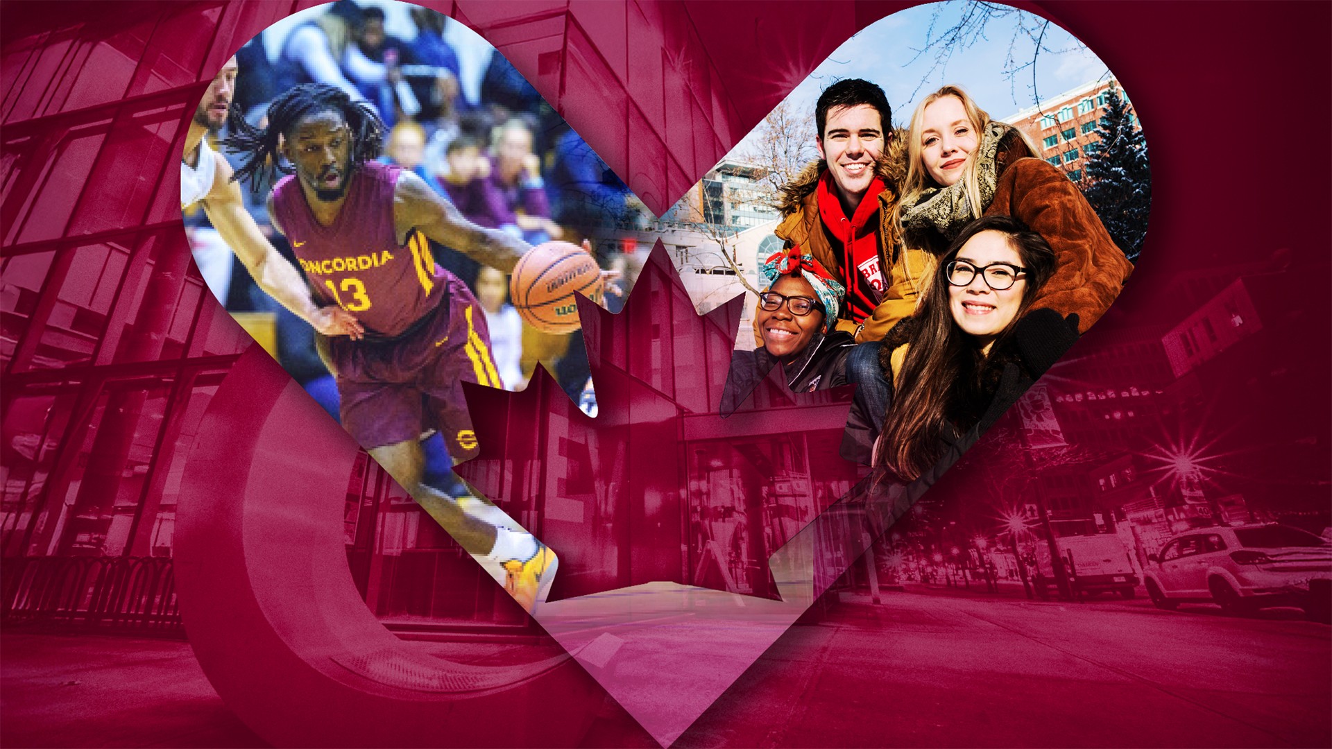 A heart with photos of students inside. The Concordia downtown campus is in the background.