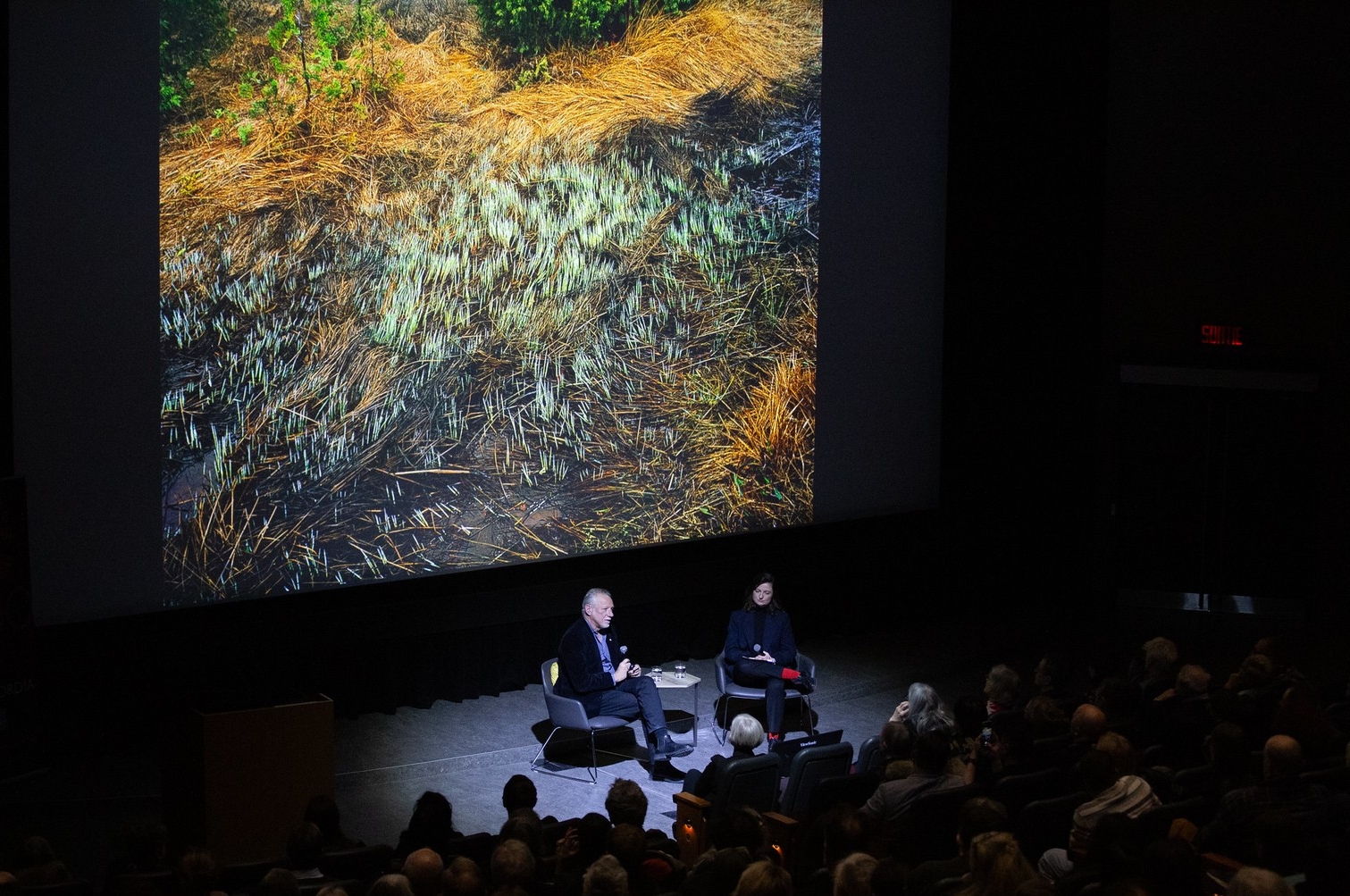 spotlight on a man and woman sitting in a dark theatre in front of a large-scale photograph