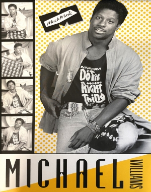 A yellow and white MuchMusic promo poster from the 1980s features a black and white photo of VJ Michael Williams