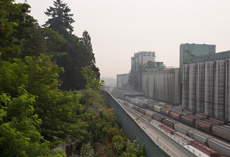 Un paysage urbain enveloppé de fumée de feux de forêt, avec des arbres d’un côté et une zone industrielle de l’autre.