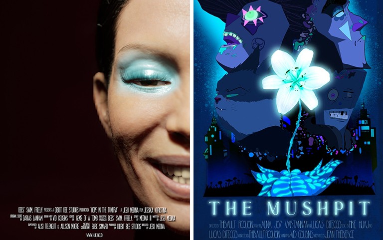 Deux affiches de film : à gauche, un visage souriant avec une ombre à paupières d'un vert criard, à droite, des champignons animés. 