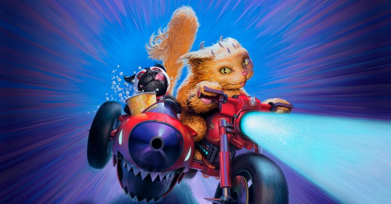 Representación artística de un gato naranja montado en una motocicleta con sidecar.