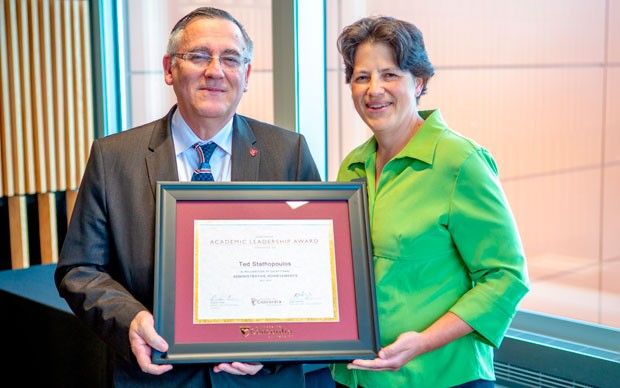 Academic Leadership Award winner Ted Stathopoulos with Nadia Hardy, vice-provost of Faculty Relations.