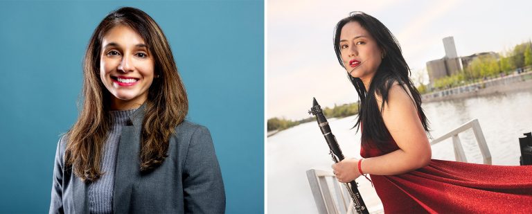 Diptych image of two women. On the left, a smiling woman with long, dark hair, wearing a blue top and blue blazer. On the right, a woman with long dark hair, wearing a sleeveless red dress and holding a clarinet.