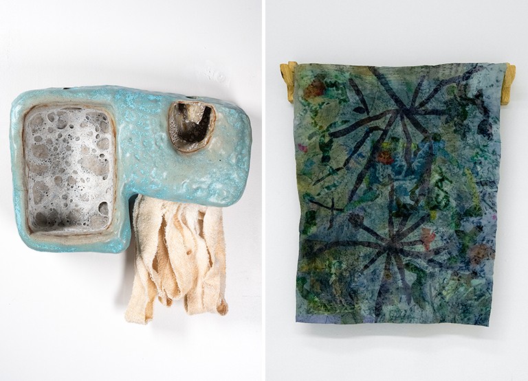A diptych of two different art works, made with textiles and predominantly in the colour blue.