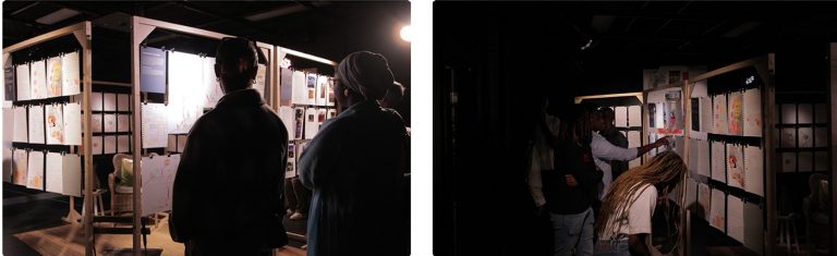 Diptych image of people at an exhibition in a room.