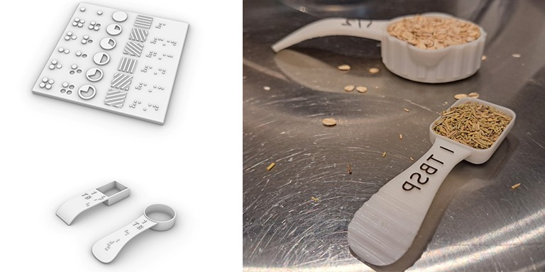 On the left, conceptual drawings of measuring spoons with braille on them. On the right, the actual prototype spoons.