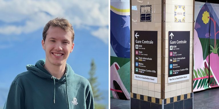 A diptych image with a young smiling man with blond hair on the left, and public signage in an underground metro.